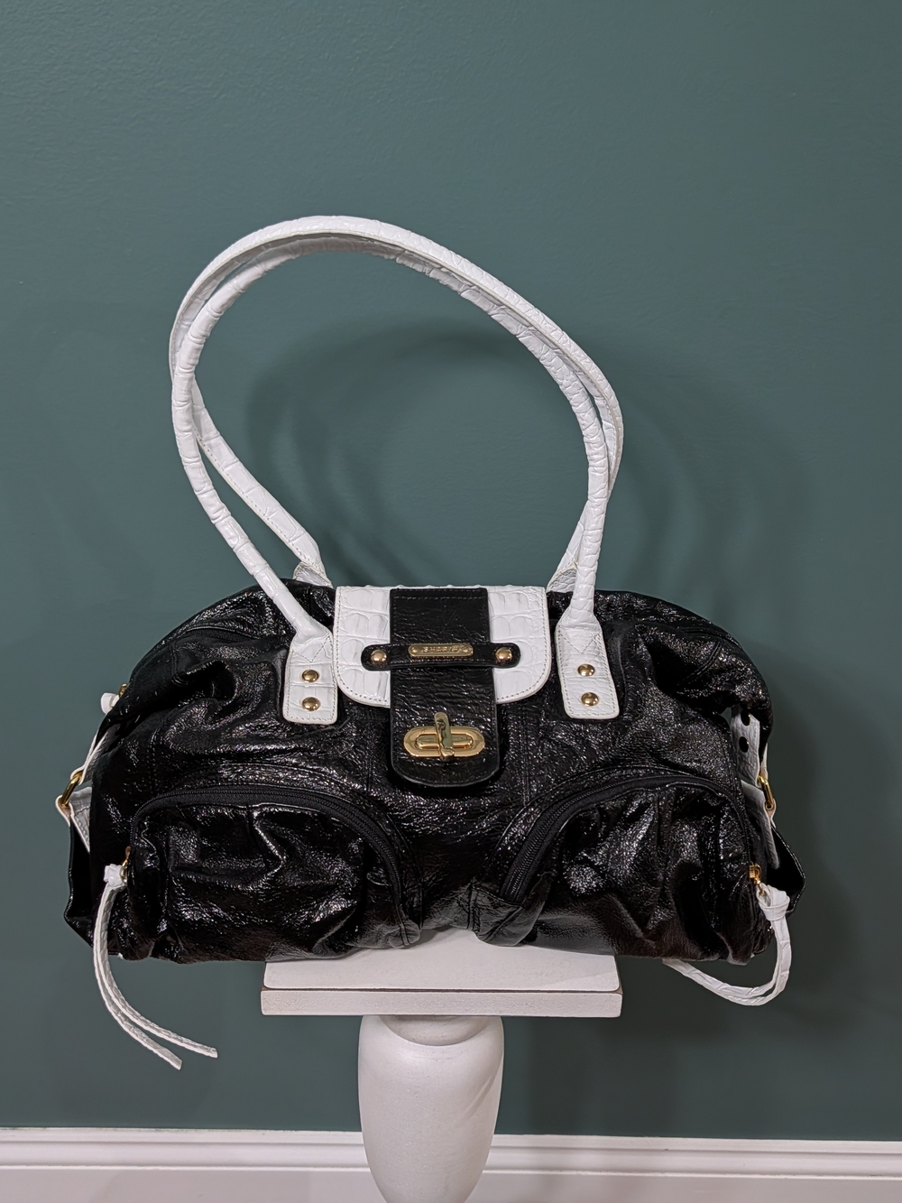 NWOT Sharif Studio Black Patent White Croc Leather Shoulder Bag + Accessory